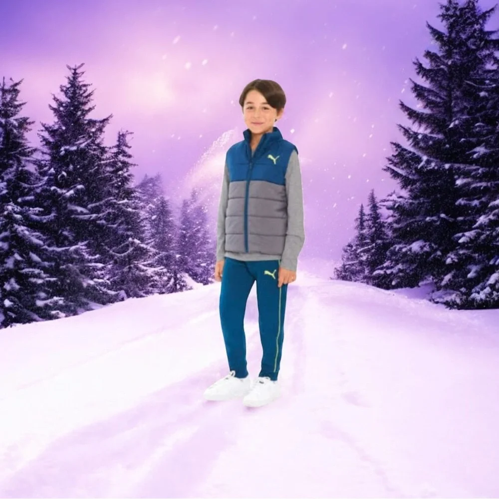 Puma Boys 3-Piece Outfit Set XS (5/6) | Teal Gray Vest Hoodie Pants - Like New - Picture 3 of 16